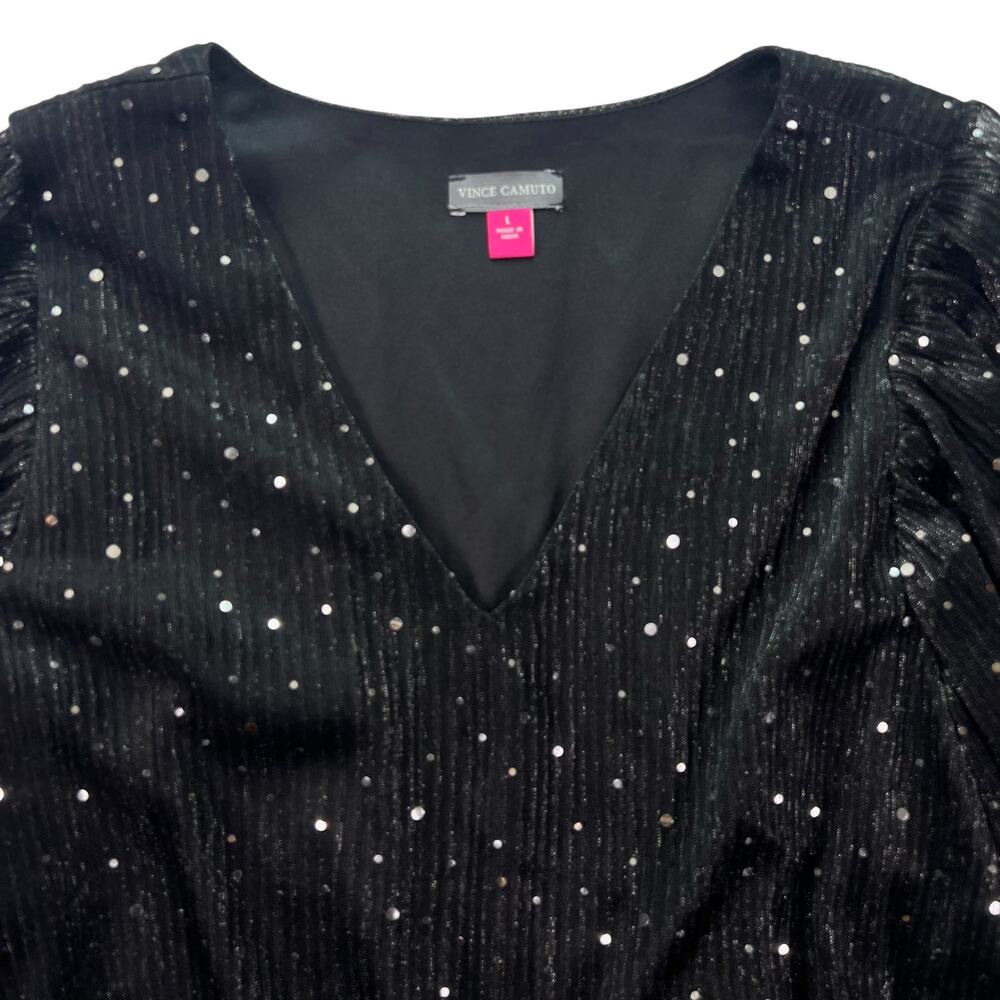 Vince Camuto Metallic Chiffon Mini Dress L Black Sheer Sleeve Tiered Sparkle - Picture 8 of 16